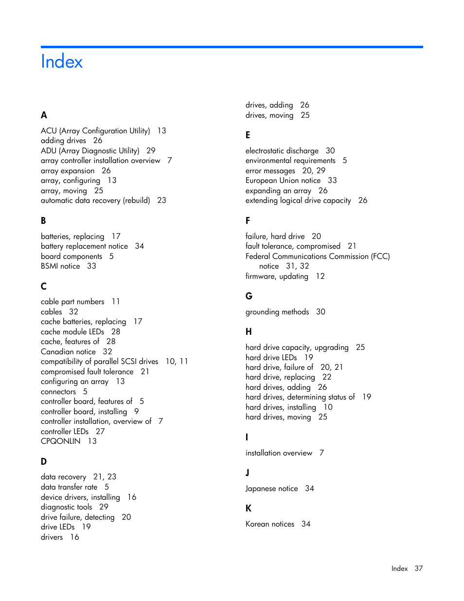 Index | HP Smart Array P600-Controller User Manual | Page 37 / 38
