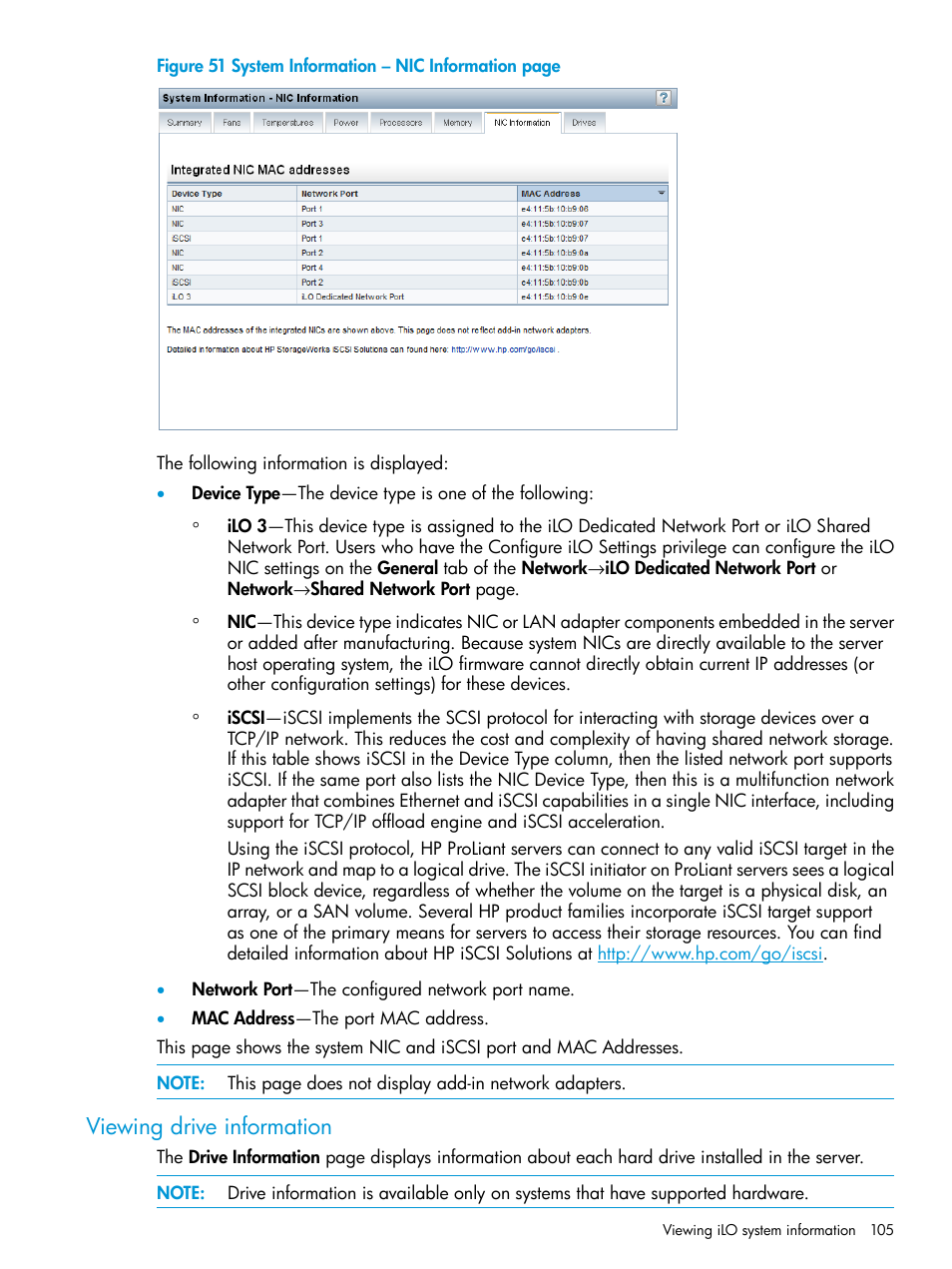 Viewing drive information | HP Integrated Lights-Out 3 User Manual | Page 105 / 256