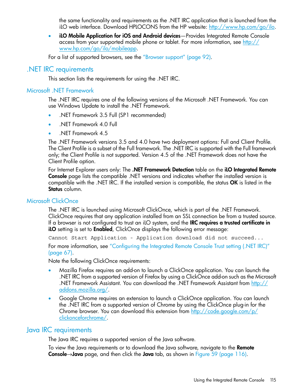 Net irc requirements, Microsoft .net framework, Microsoft clickonce | Java irc requirements, Microsoft .net framework microsoft clickonce | HP Integrated Lights-Out 3 User Manual | Page 115 / 256