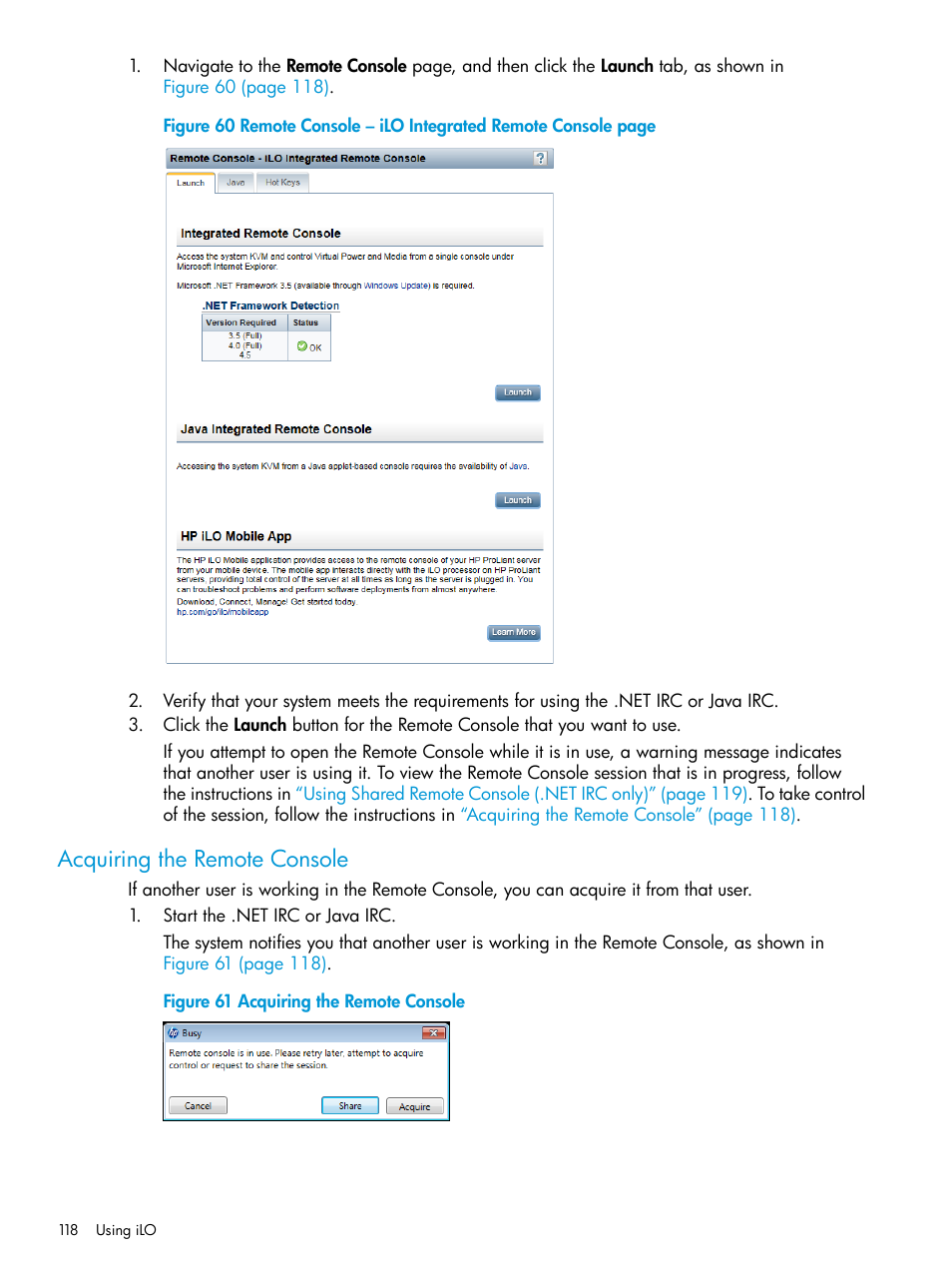 Acquiring the remote console | HP Integrated Lights-Out 3 User Manual | Page 118 / 256