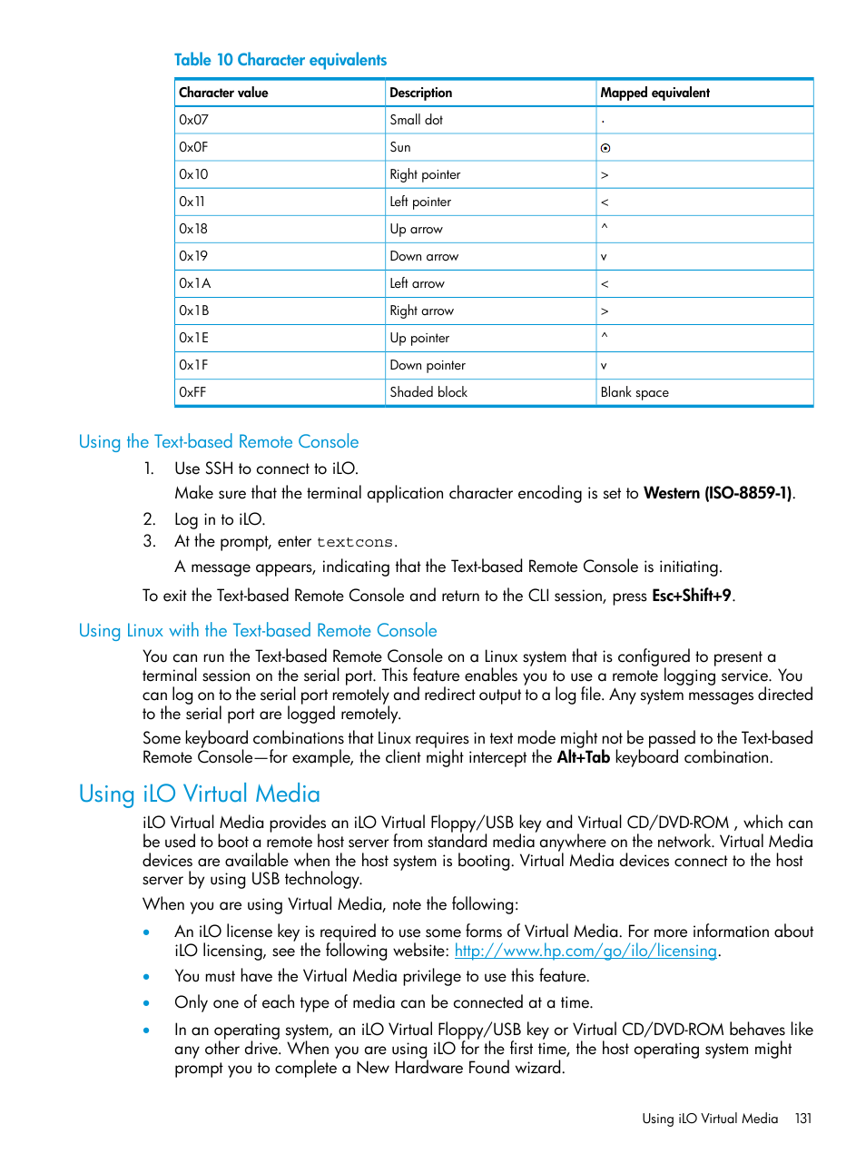 Using the text-based remote console, Using linux with the text-based remote console, Using ilo virtual media | HP Integrated Lights-Out 3 User Manual | Page 131 / 256