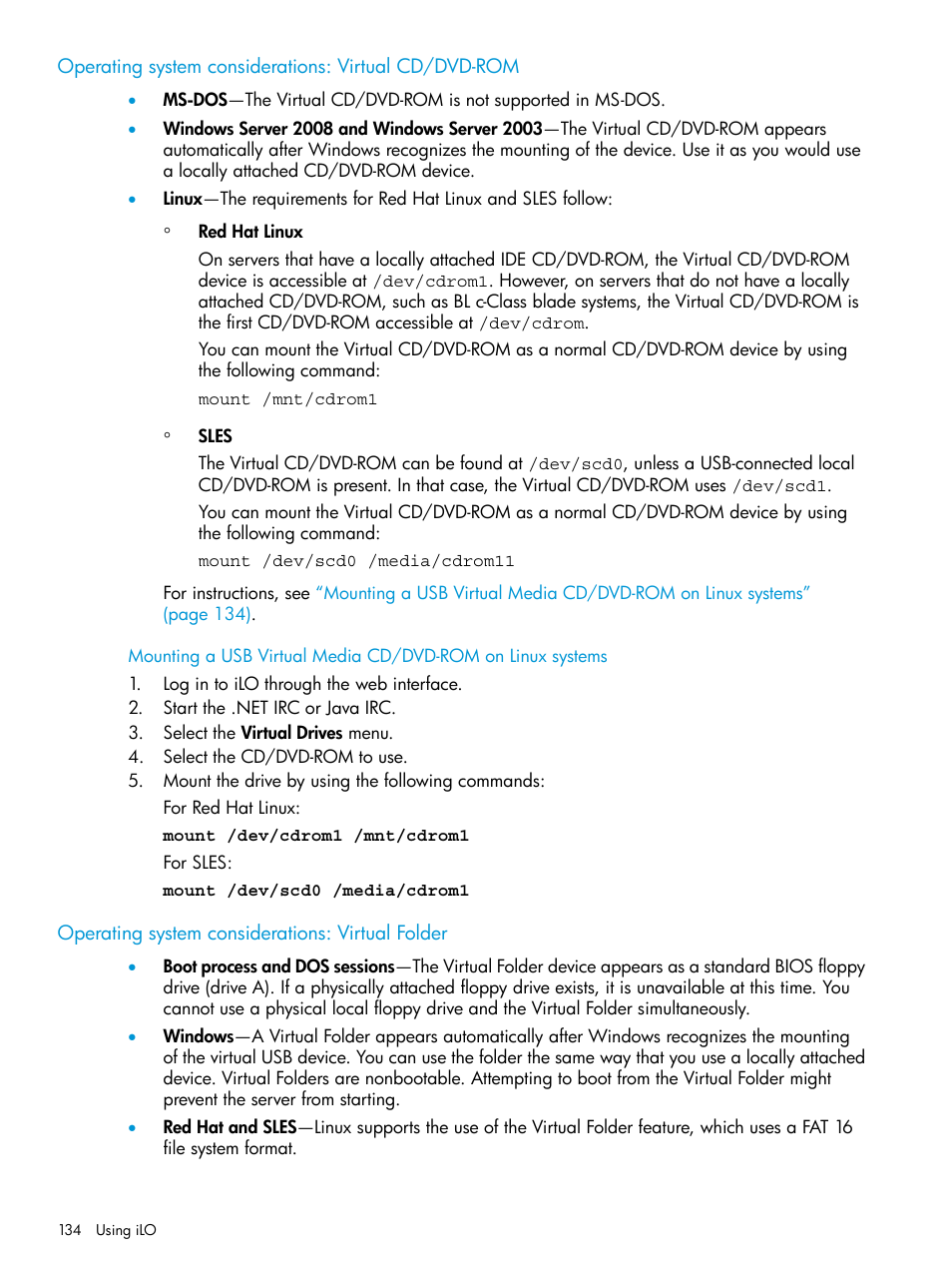 Operating system considerations: virtual folder | HP Integrated Lights-Out 3 User Manual | Page 134 / 256