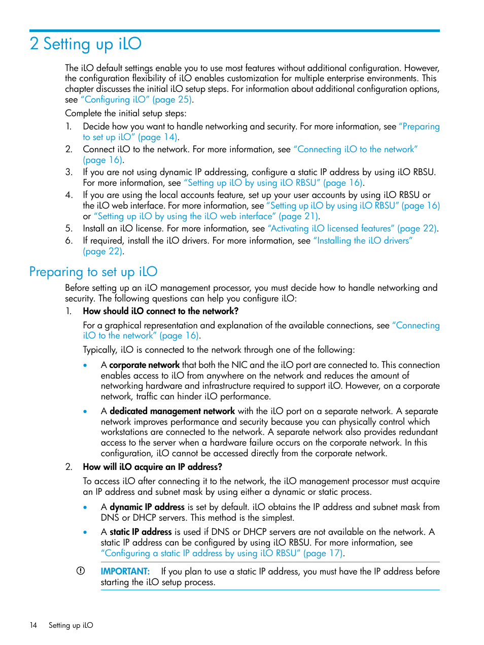 2 setting up ilo, Preparing to set up ilo | HP Integrated Lights-Out 3 User Manual | Page 14 / 256