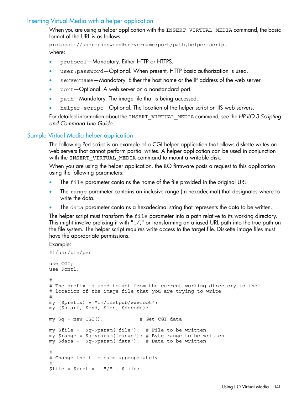 Inserting virtual media with a helper application, Sample virtual media helper application | HP Integrated Lights-Out 3 User Manual | Page 141 / 256