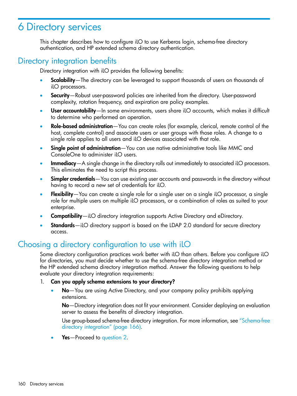 6 directory services, Directory integration benefits, Choosing a directory configuration to use with ilo | Directory, Directory services | HP Integrated Lights-Out 3 User Manual | Page 160 / 256