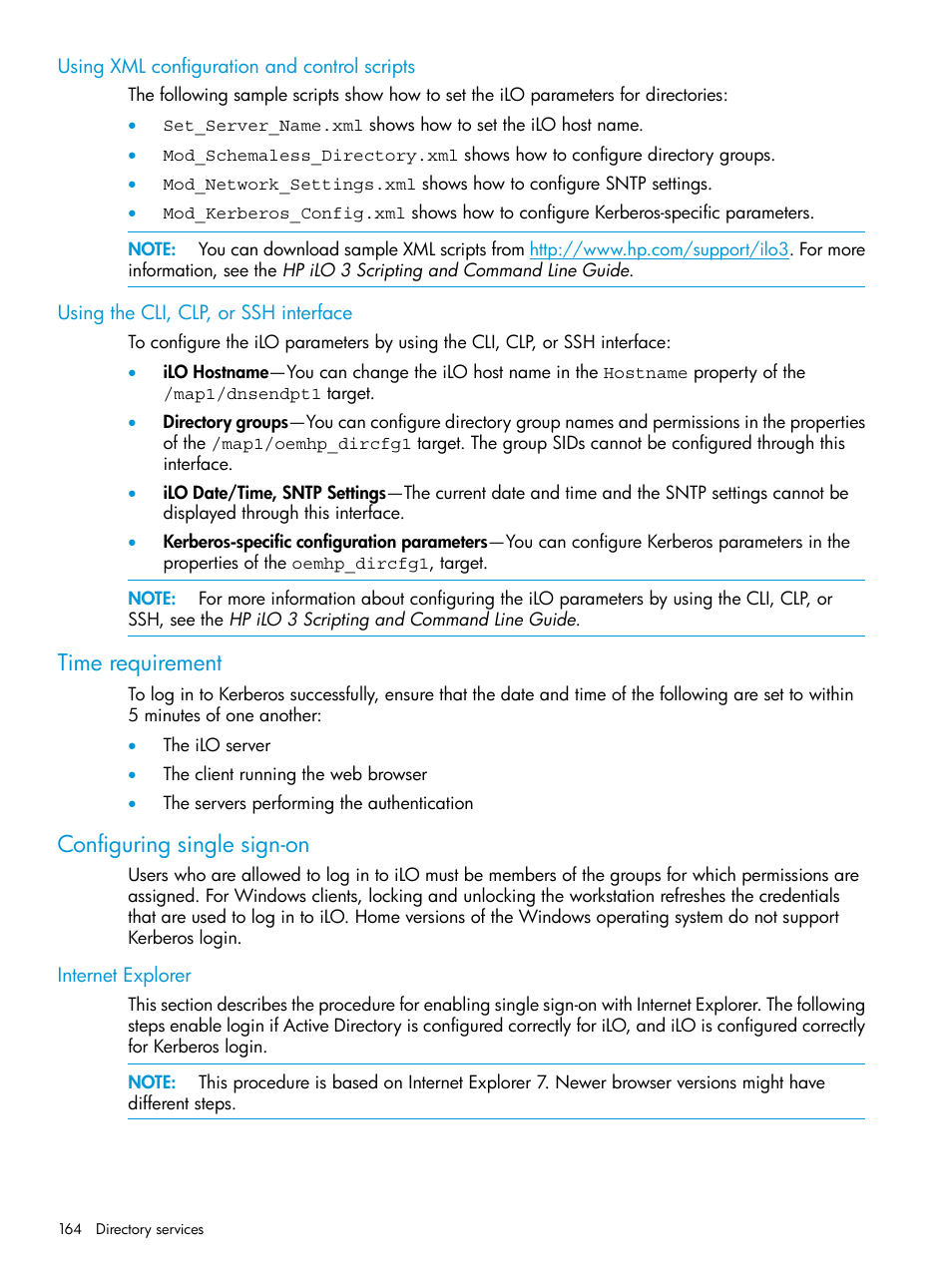 Using xml configuration and control scripts, Using the cli, clp, or ssh interface, Time requirement | Configuring single sign-on, Internet explorer, Time requirement configuring single sign-on | HP Integrated Lights-Out 3 User Manual | Page 164 / 256