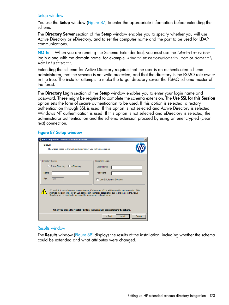 Setup window, Results window, Setup window results window | HP Integrated Lights-Out 3 User Manual | Page 173 / 256