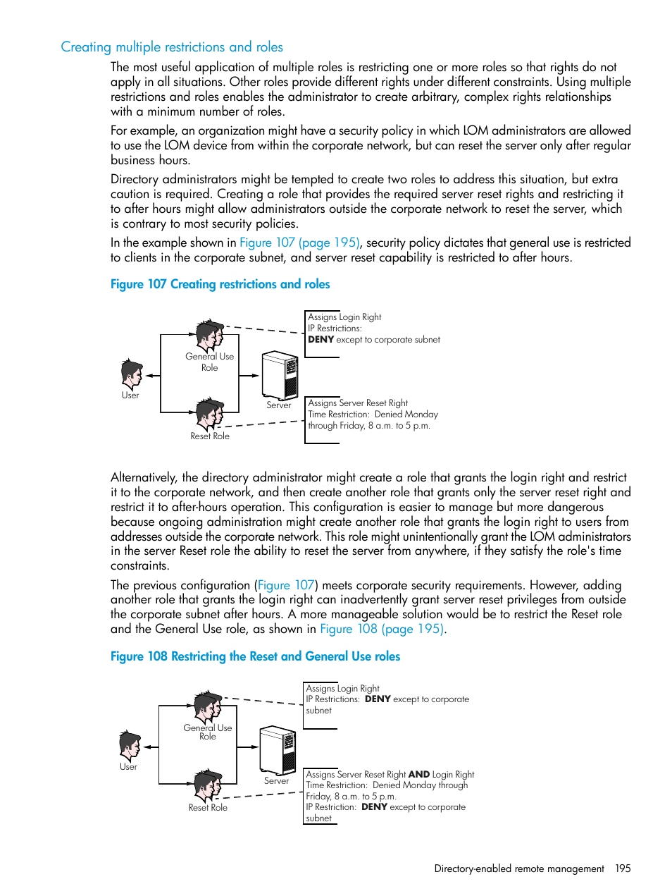 Creating multiple restrictions and roles | HP Integrated Lights-Out 3 User Manual | Page 195 / 256