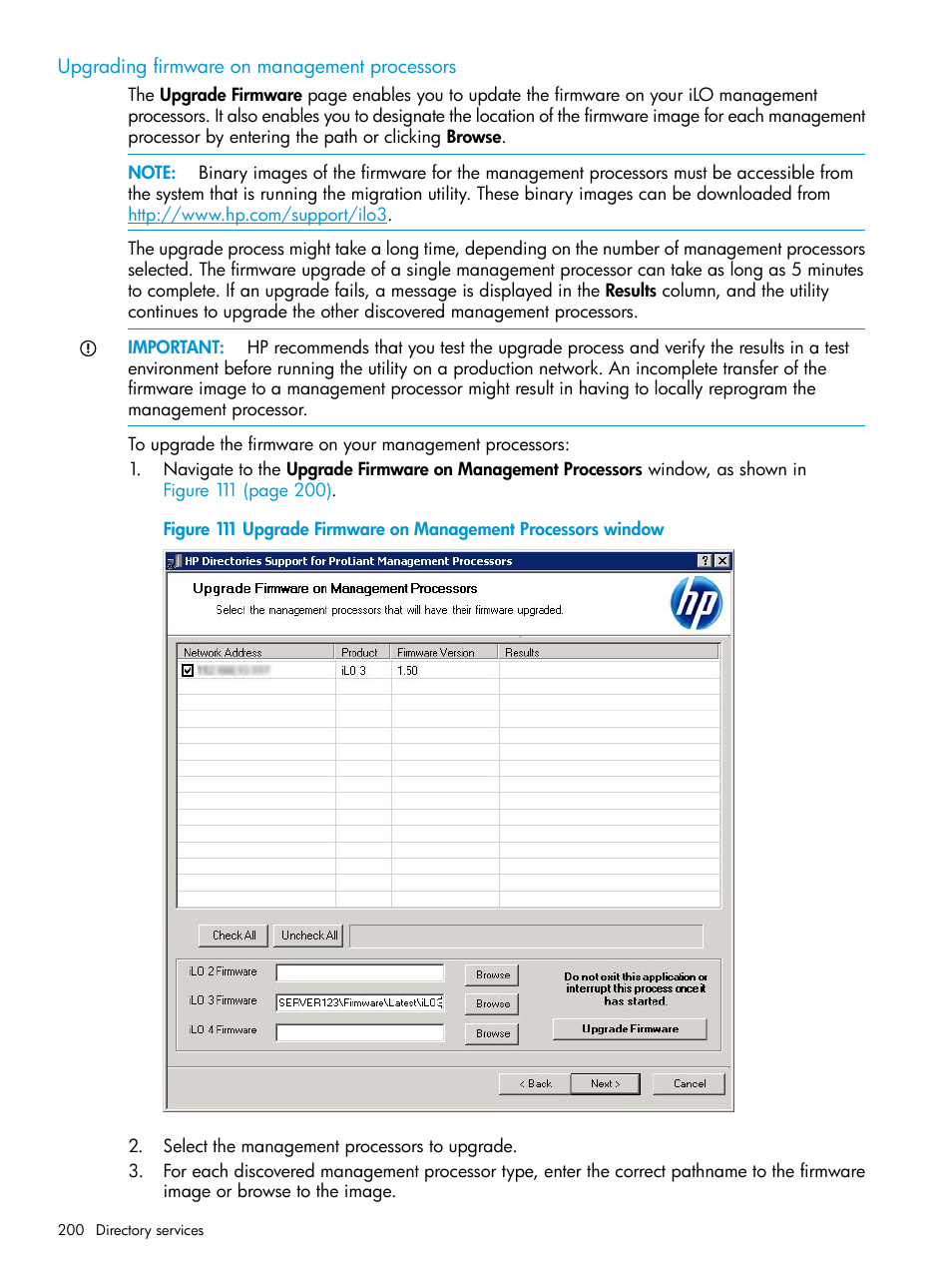 Upgrading firmware on management processors, Upgrading firmware | HP Integrated Lights-Out 3 User Manual | Page 200 / 256