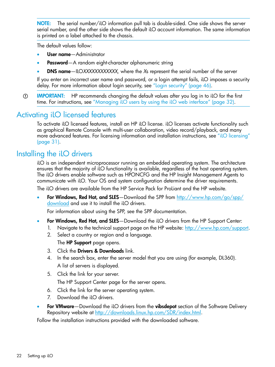 Activating ilo licensed features, Installing the ilo drivers | HP Integrated Lights-Out 3 User Manual | Page 22 / 256
