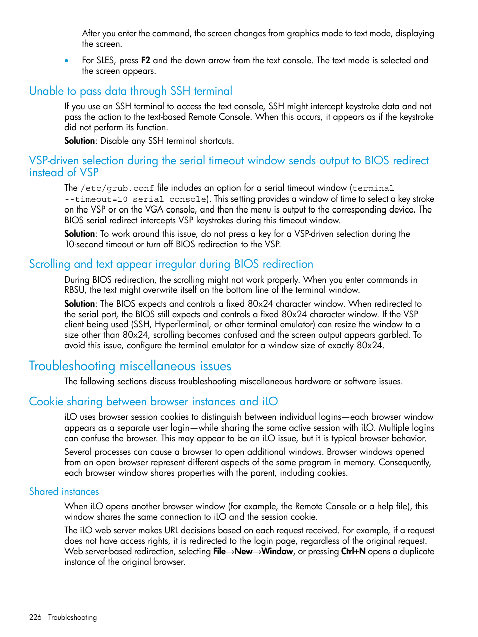 Unable to pass data through ssh terminal, Troubleshooting miscellaneous issues, Cookie sharing between browser instances and ilo | Shared instances | HP Integrated Lights-Out 3 User Manual | Page 226 / 256