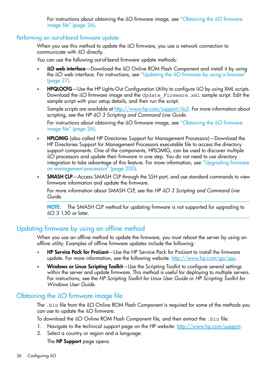 Performing an out-of-band firmware update, Updating firmware by using an offline method, Obtaining the ilo firmware image file | Updating firmware by using an | HP Integrated Lights-Out 3 User Manual | Page 26 / 256