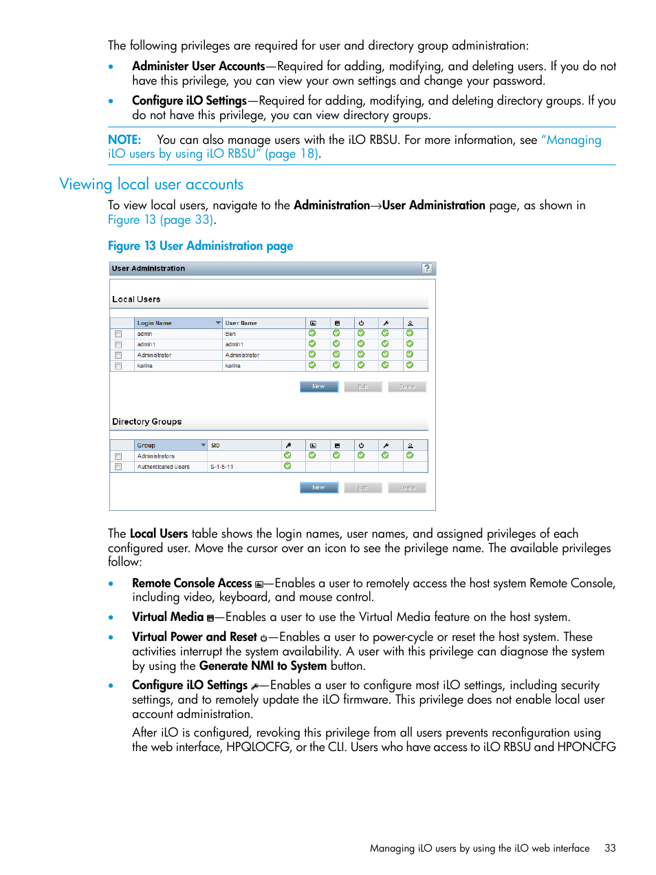 Viewing local user accounts | HP Integrated Lights-Out 3 User Manual | Page 33 / 256