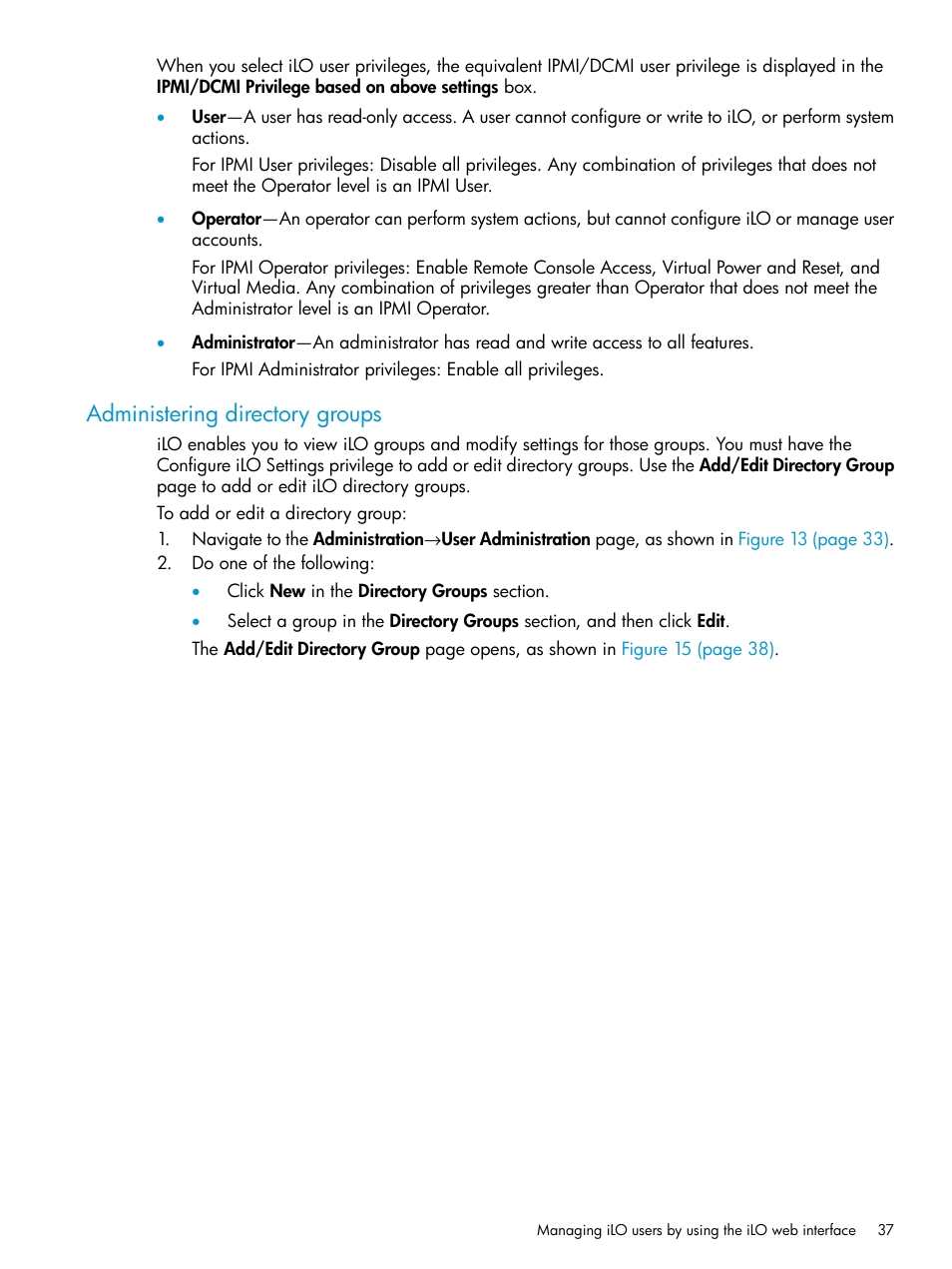 Administering directory groups | HP Integrated Lights-Out 3 User Manual | Page 37 / 256