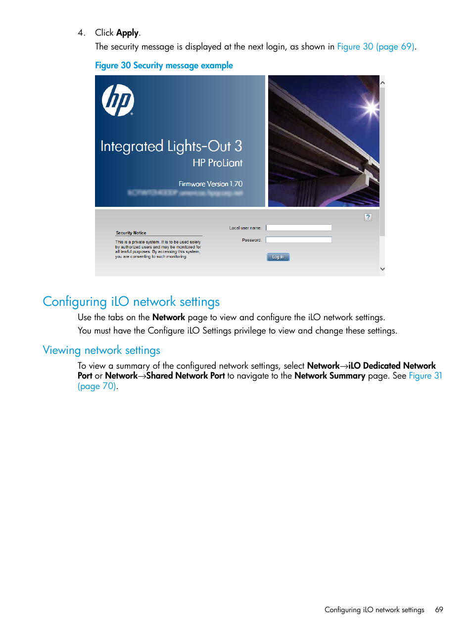Configuring ilo network settings, Viewing network settings | HP Integrated Lights-Out 3 User Manual | Page 69 / 256