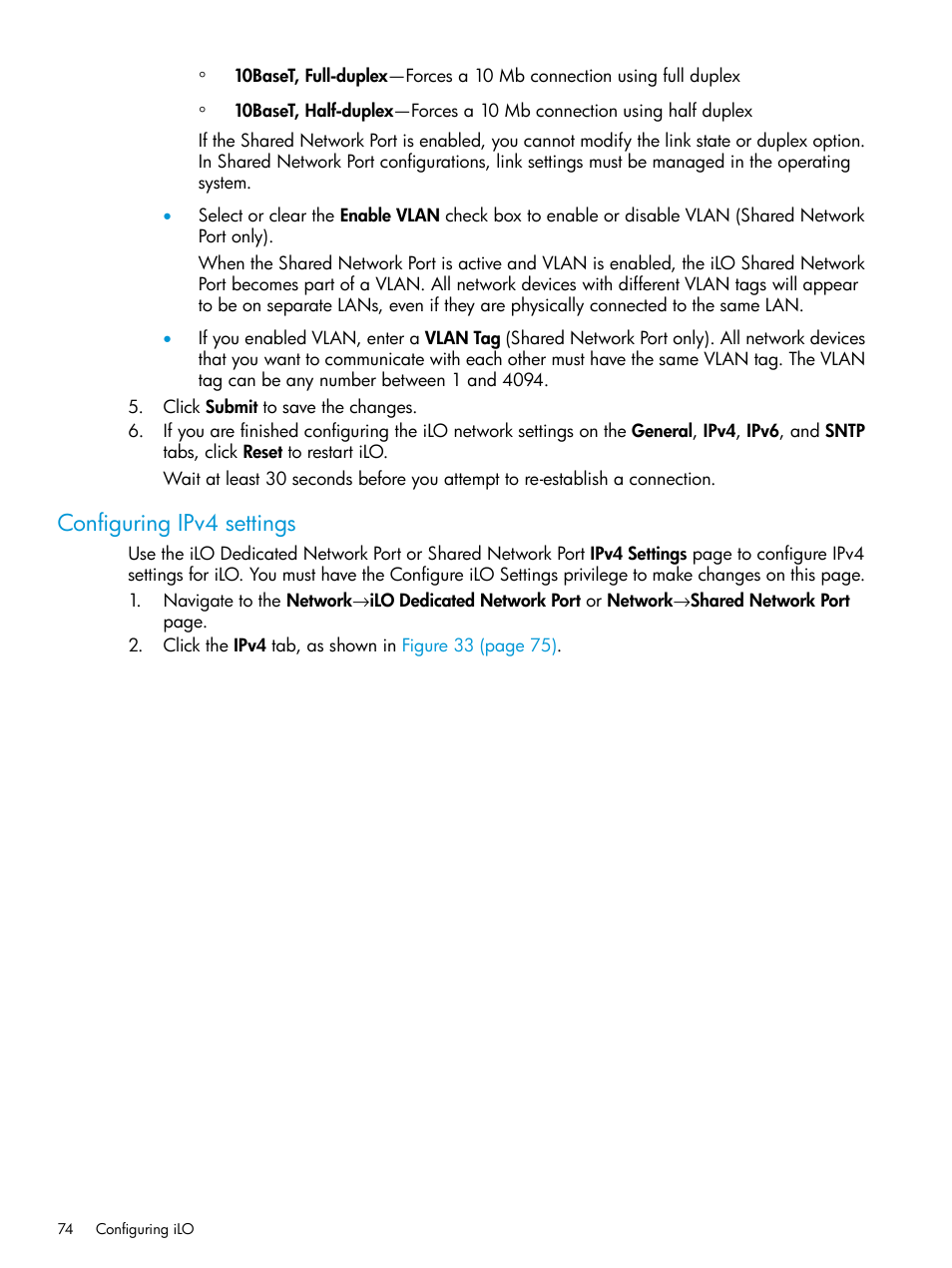 Configuring ipv4 settings | HP Integrated Lights-Out 3 User Manual | Page 74 / 256