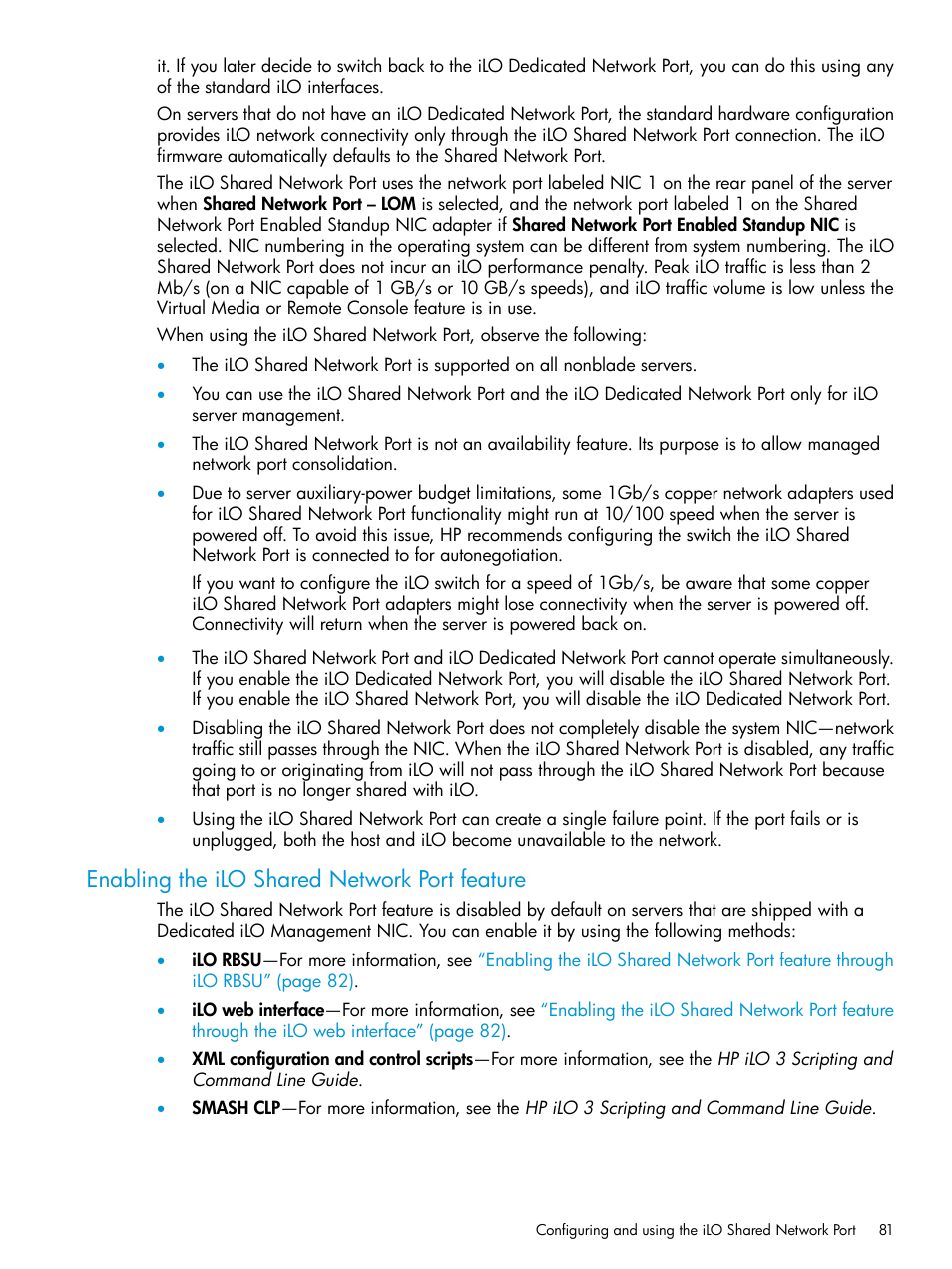 Enabling the ilo shared network port feature | HP Integrated Lights-Out 3 User Manual | Page 81 / 256