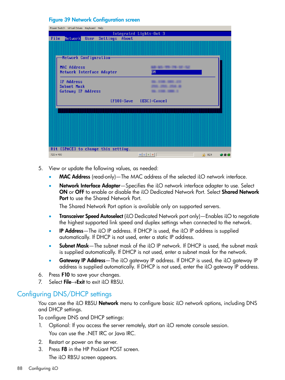 Configuring dns/dhcp settings | HP Integrated Lights-Out 3 User Manual | Page 88 / 256