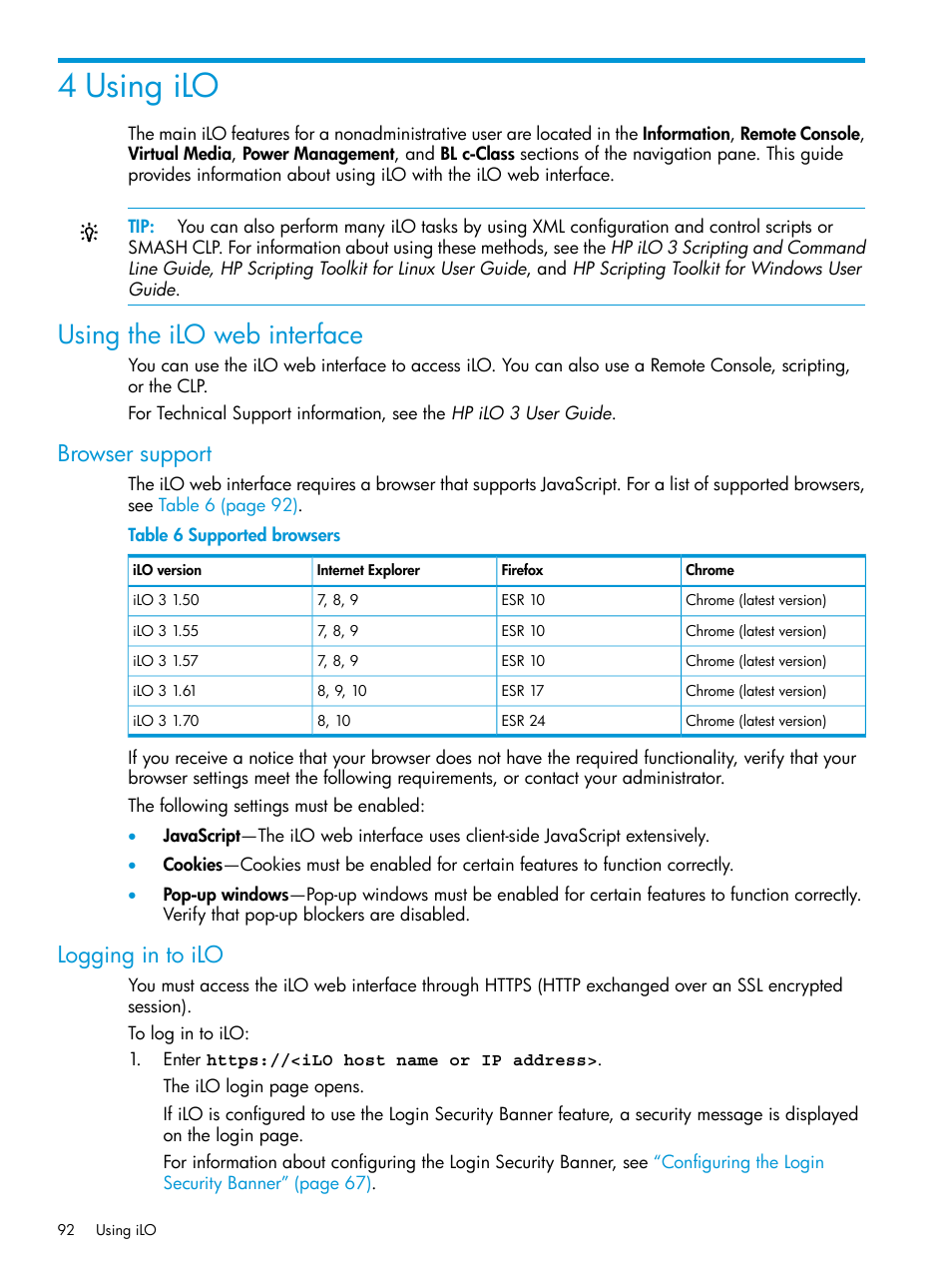 4 using ilo, Using the ilo web interface, Browser support | Logging in to ilo, Browser support logging in to ilo | HP Integrated Lights-Out 3 User Manual | Page 92 / 256