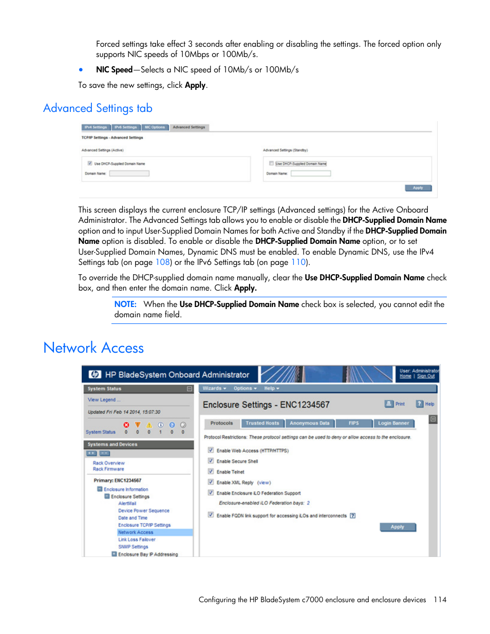 Advanced settings tab, Network access | HP Onboard Administrator User Manual | Page 114 / 347