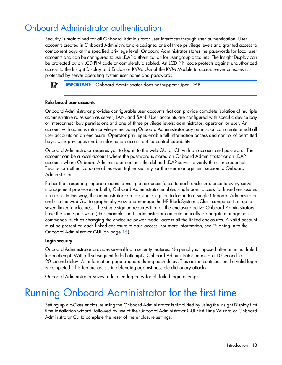Onboard administrator authentication, Running onboard administrator for the first time | HP Onboard Administrator User Manual | Page 13 / 347
