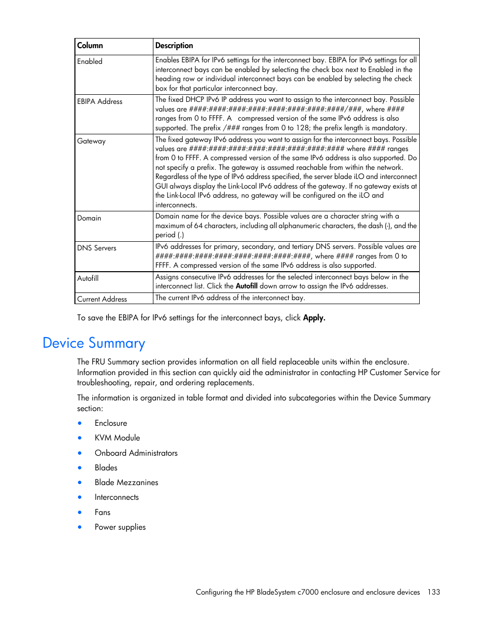 Device summary | HP Onboard Administrator User Manual | Page 133 / 347