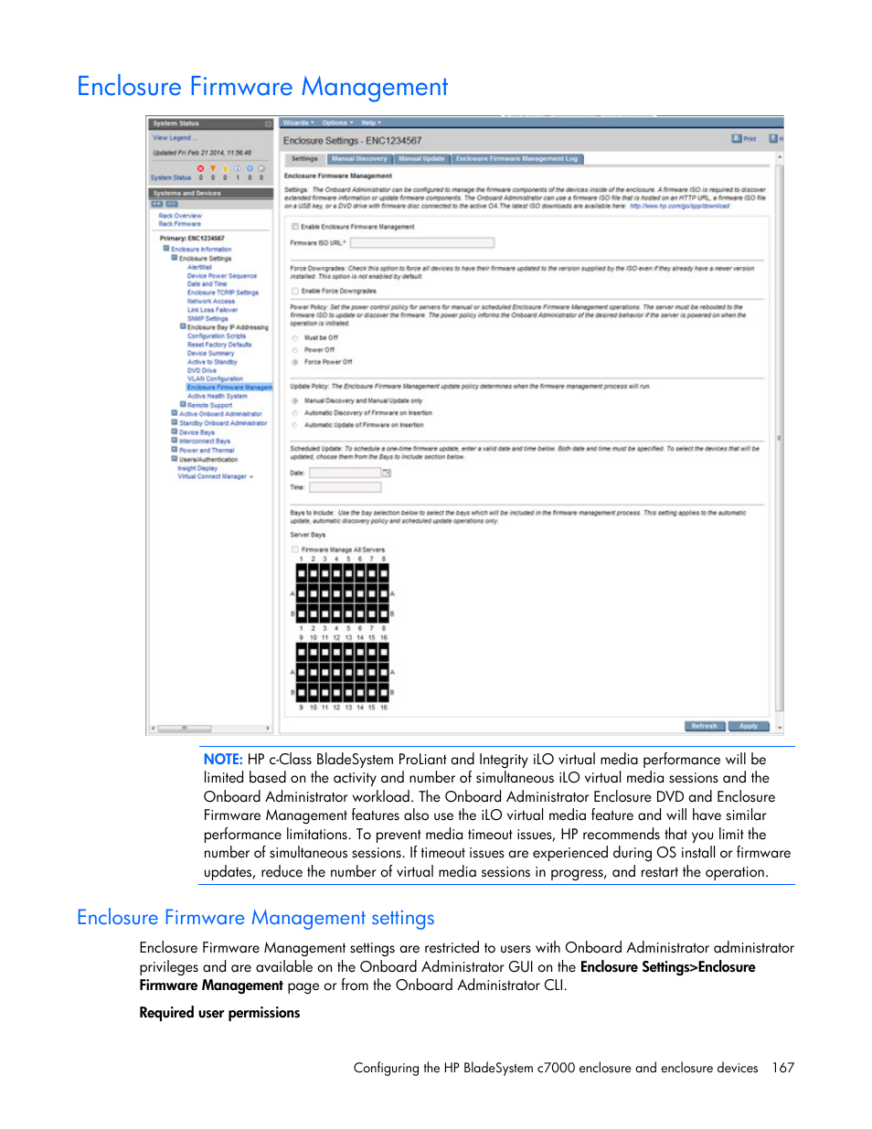 Enclosure firmware management, Enclosure firmware management settings | HP Onboard Administrator User Manual | Page 167 / 347
