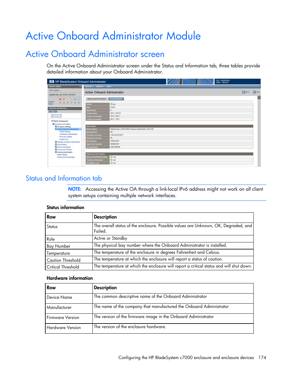 Active onboard administrator module, Active onboard administrator screen, Status and information tab | HP Onboard Administrator User Manual | Page 174 / 347