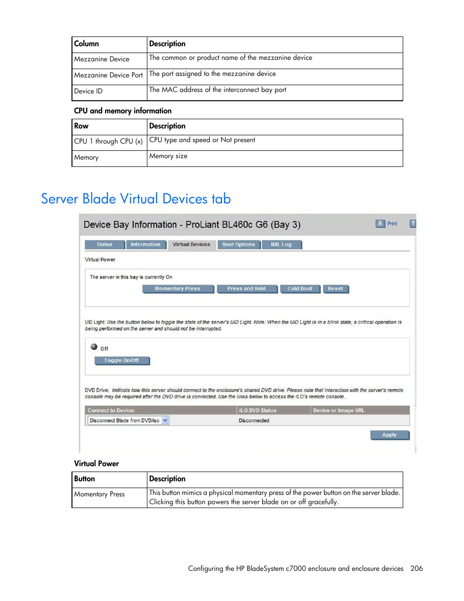 Server blade virtual devices tab | HP Onboard Administrator User Manual | Page 206 / 347