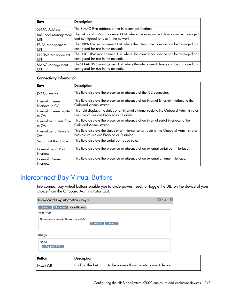 Interconnect bay virtual buttons | HP Onboard Administrator User Manual | Page 243 / 347