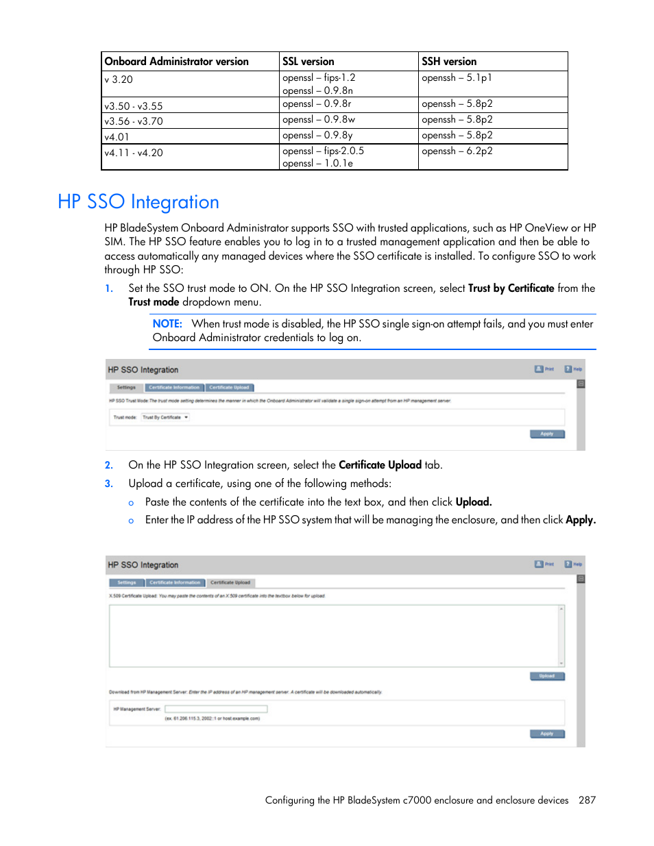 Hp sso integration | HP Onboard Administrator User Manual | Page 287 / 347