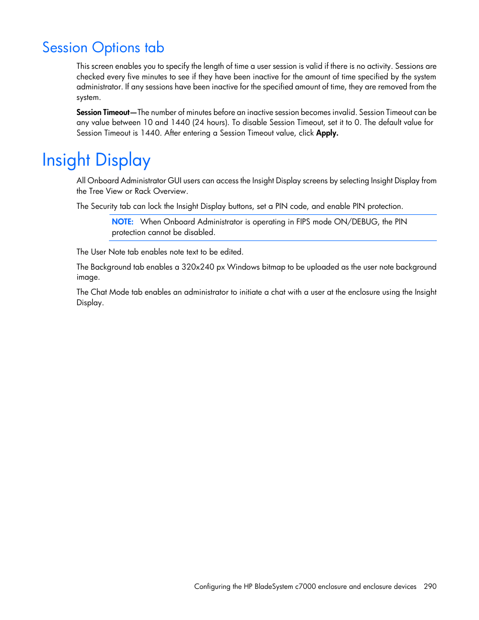 Session options tab, Insight display | HP Onboard Administrator User Manual | Page 290 / 347