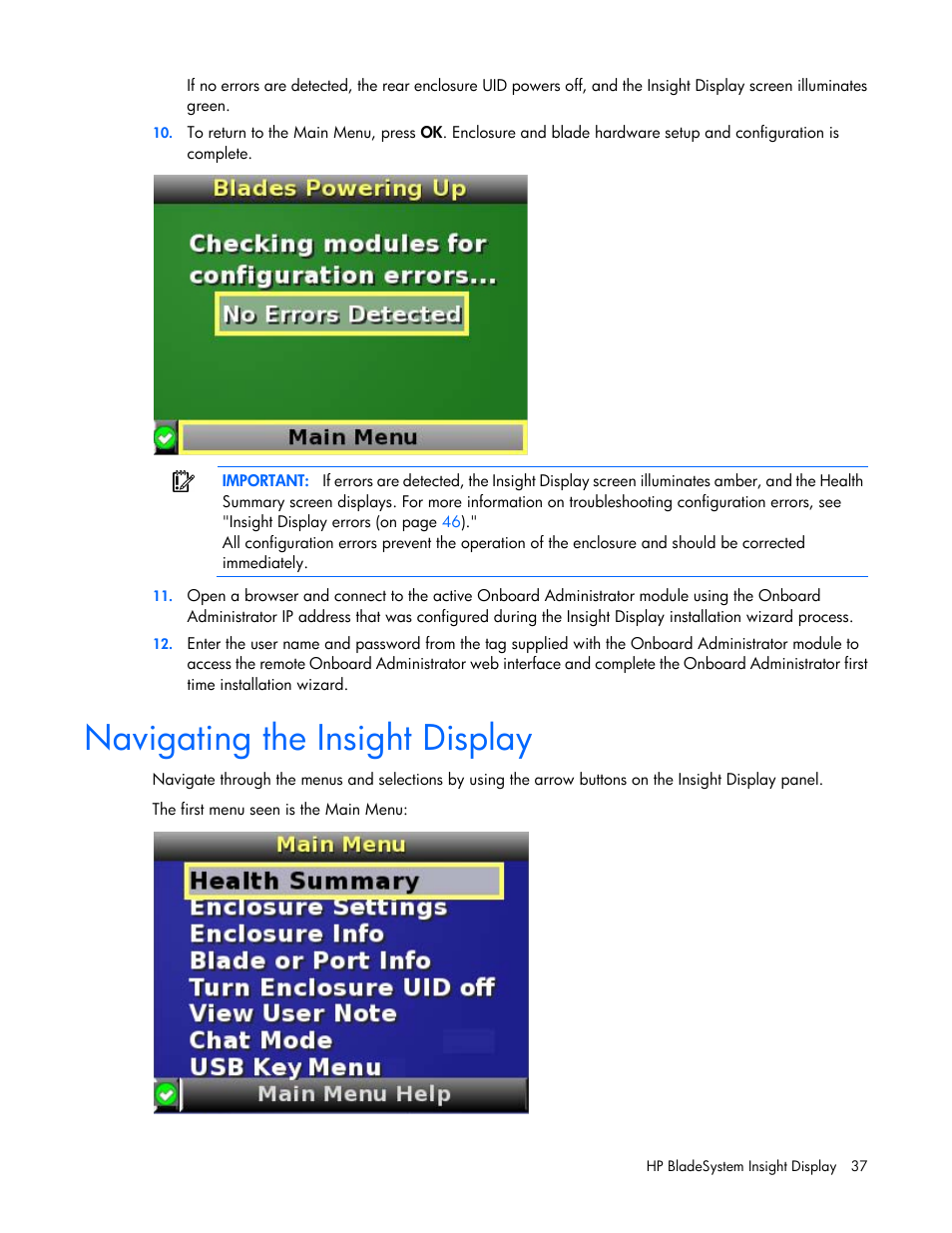 Navigating the insight display | HP Onboard Administrator User Manual | Page 37 / 347