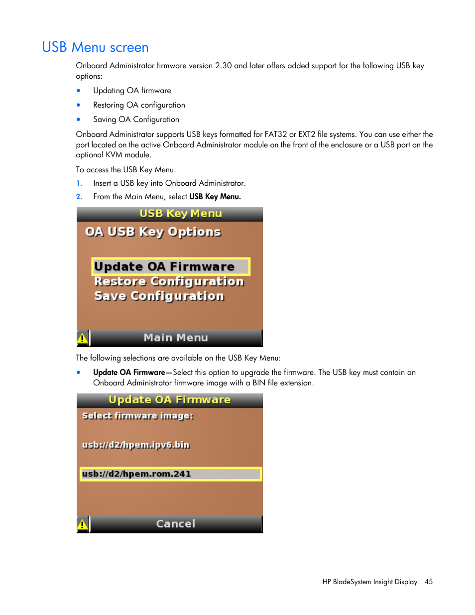 Usb menu screen | HP Onboard Administrator User Manual | Page 45 / 347