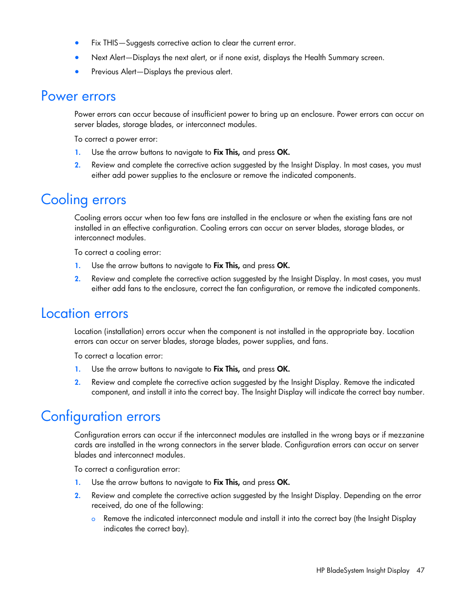 Power errors, Cooling errors, Location errors | Configuration errors | HP Onboard Administrator User Manual | Page 47 / 347