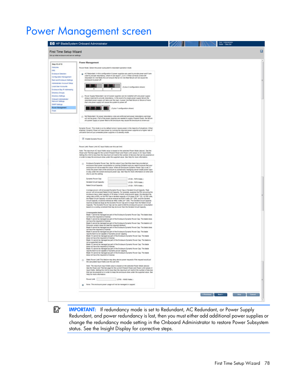 Power management screen | HP Onboard Administrator User Manual | Page 78 / 347