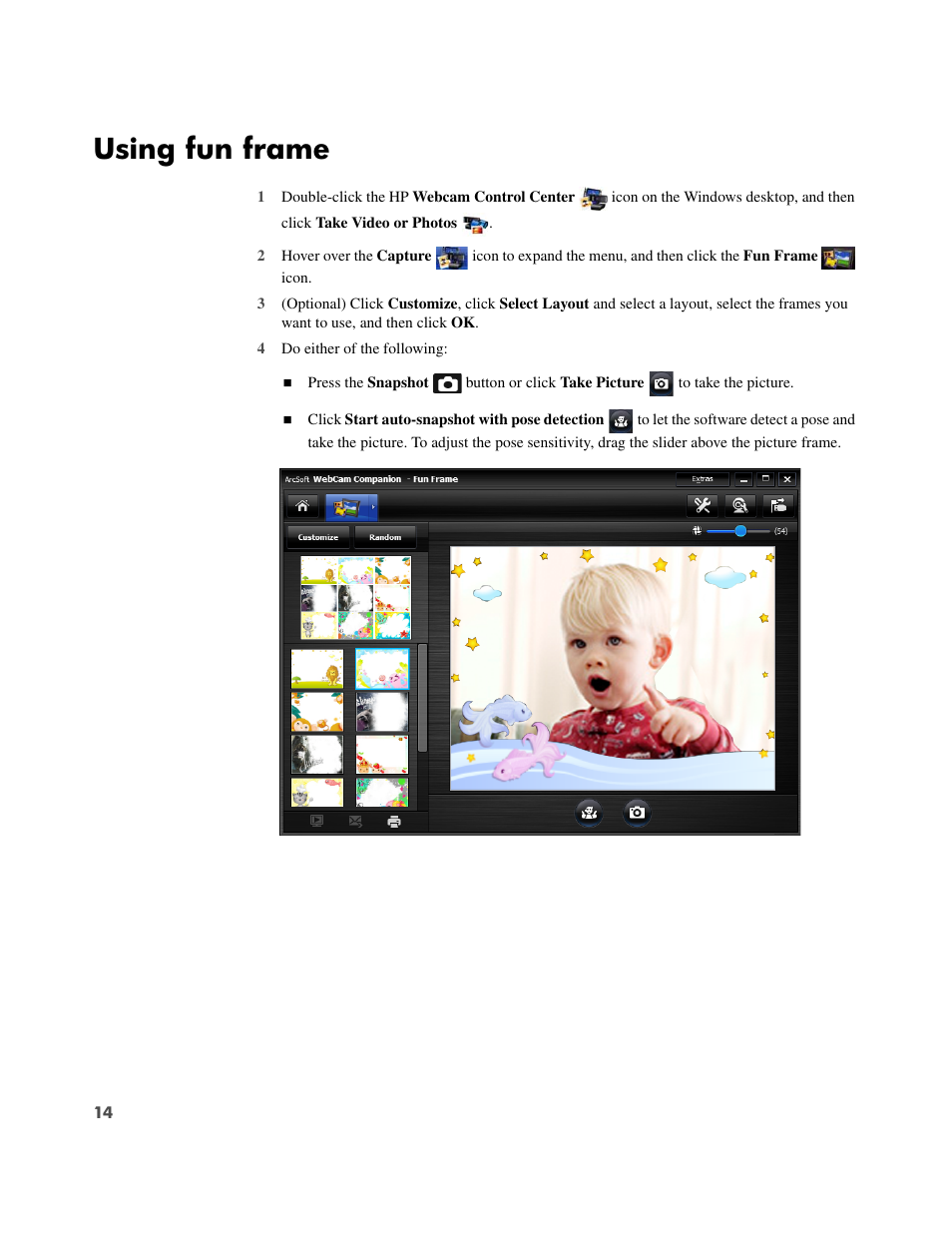 Using fun frame | HP HD 3300 Webcam User Manual | Page 16 / 23