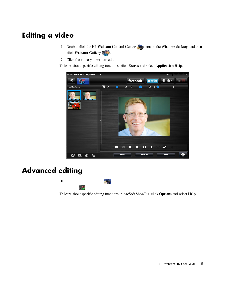 Editing a video, Advanced editing | HP HD 3300 Webcam User Manual | Page 17 / 23