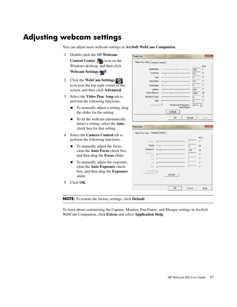 Adjusting webcam settings | HP HD 3300 Webcam User Manual | Page 19 / 23