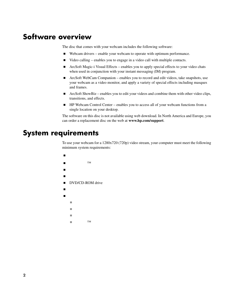 Software overview, System requirements | HP HD 3300 Webcam User Manual | Page 4 / 23