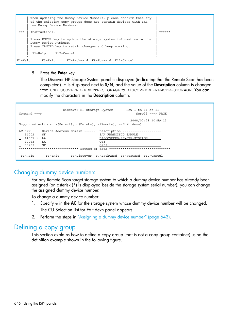 Changing dummy device numbers, Defining a copy group | HP XP P9500 Storage User Manual | Page 646 / 773