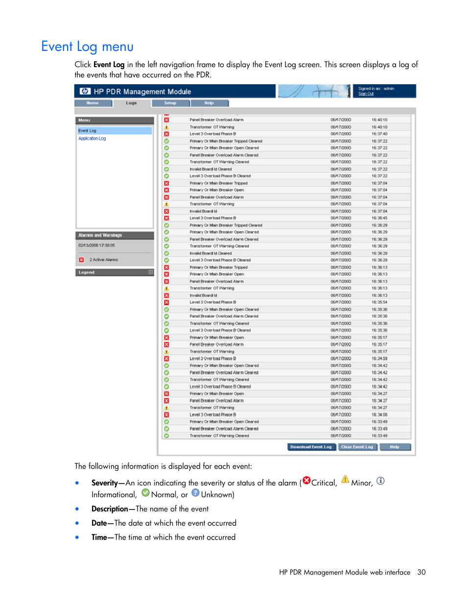 Event log menu | HP Power Distribution Unit Management Module User Manual | Page 30 / 77
