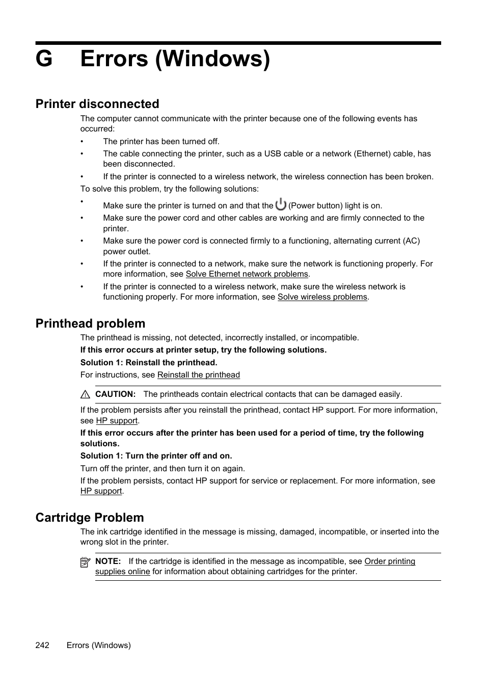 Gerrors (windows), Printer disconnected, Printhead problem | Cartridge problem | HP Officejet Pro 276dw Multifunction Printer series User Manual | Page 246 / 260