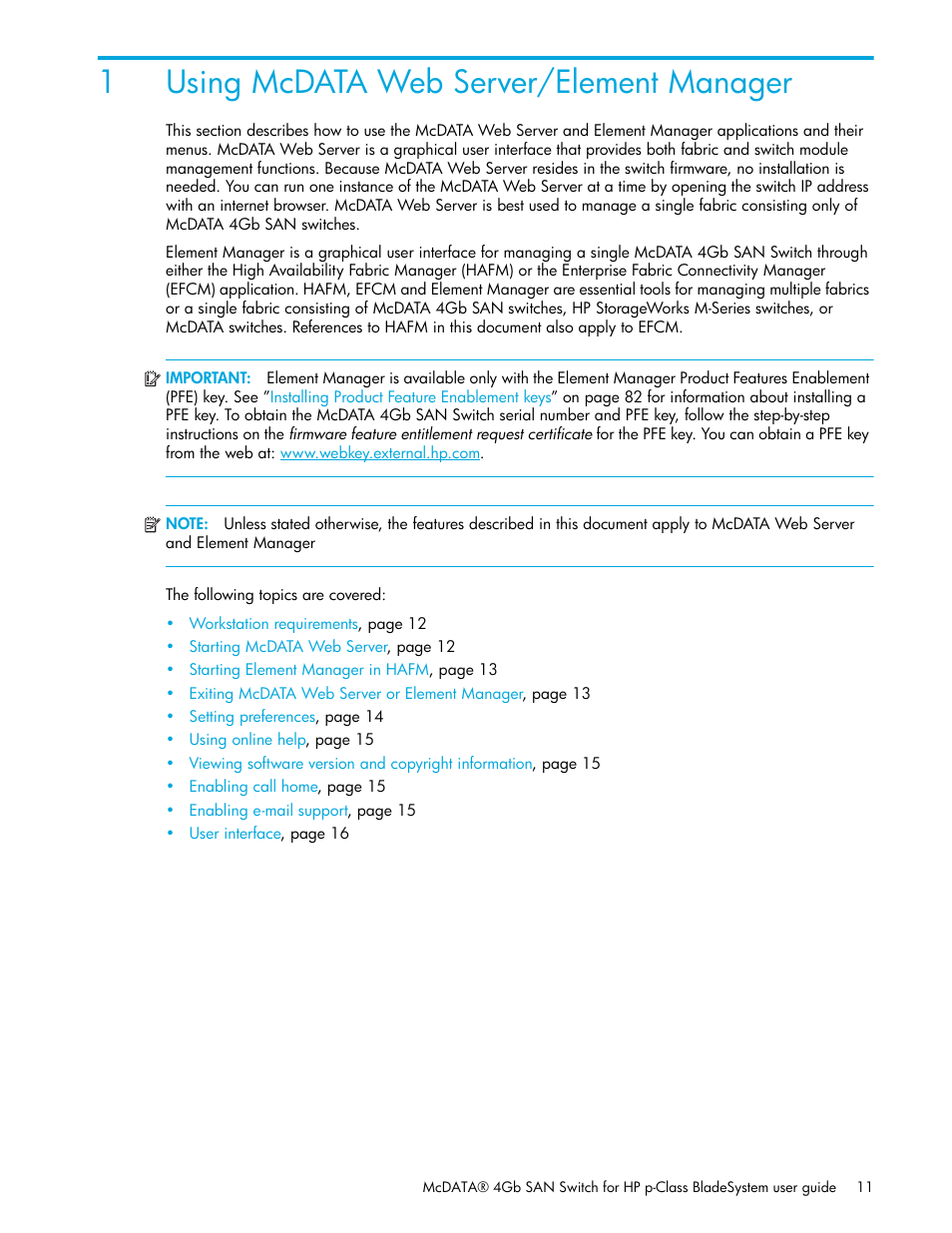 Using mcdata web server/element manager, 1 using mcdata web server/element manager, 1using mcdata web server/element manager | HP McDATA 4Gb SAN Switch for HP BladeSystem p-Class User Manual | Page 11 / 104