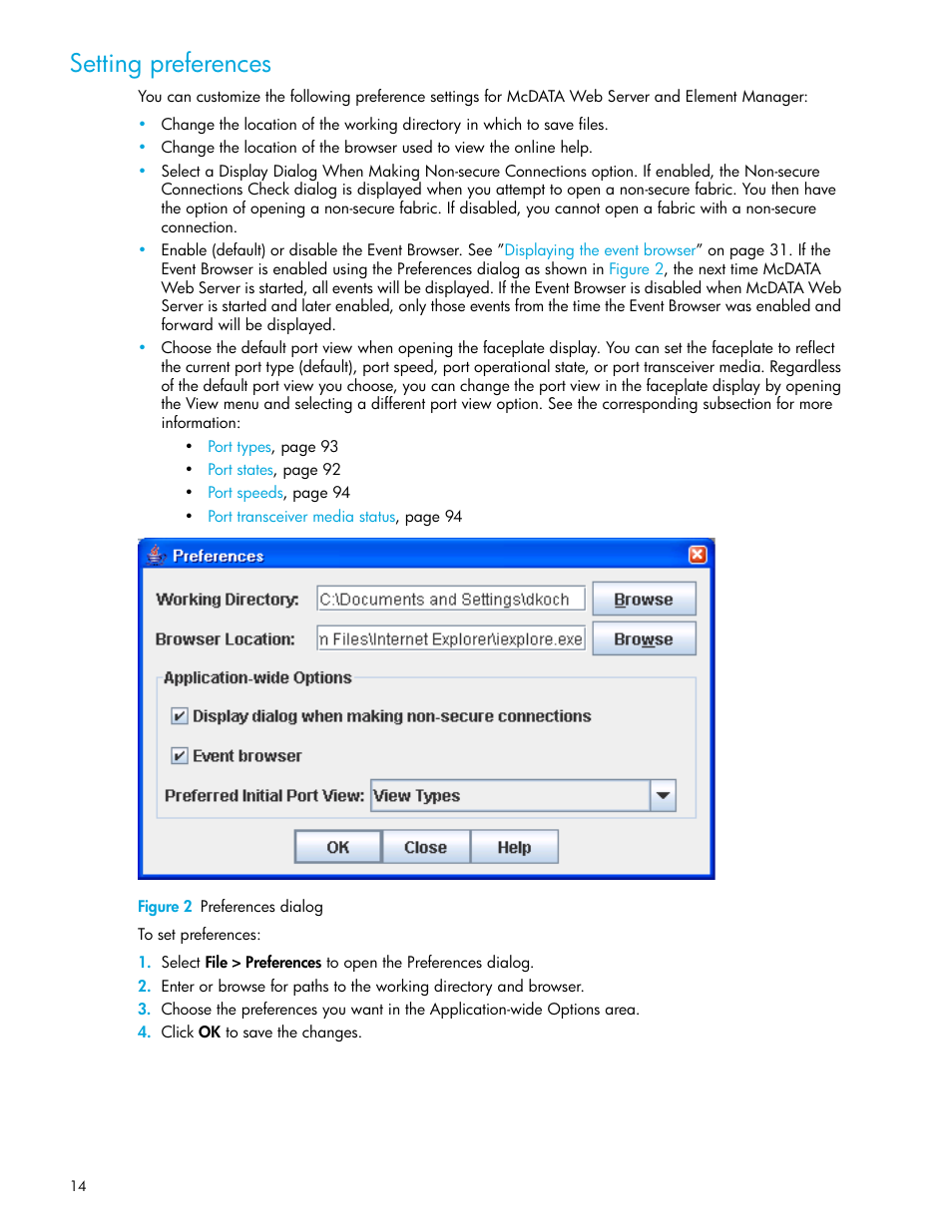 Setting preferences, Figure 2 preferences dialog, 2 preferences dialog | HP McDATA 4Gb SAN Switch for HP BladeSystem p-Class User Manual | Page 14 / 104