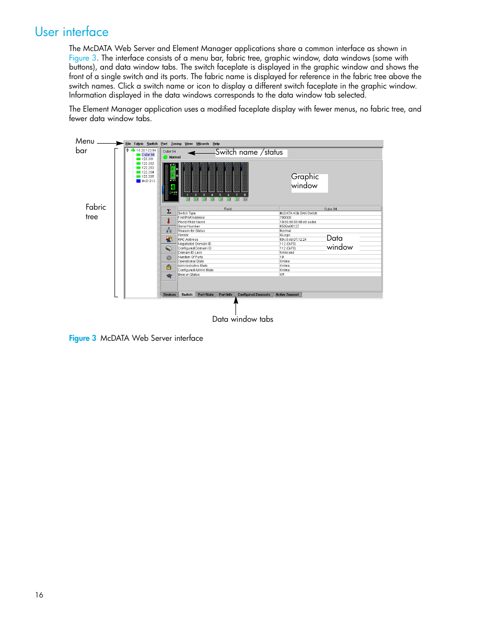User interface, Figure 3 mcdata web server interface, 3 mcdata web server interface | HP McDATA 4Gb SAN Switch for HP BladeSystem p-Class User Manual | Page 16 / 104