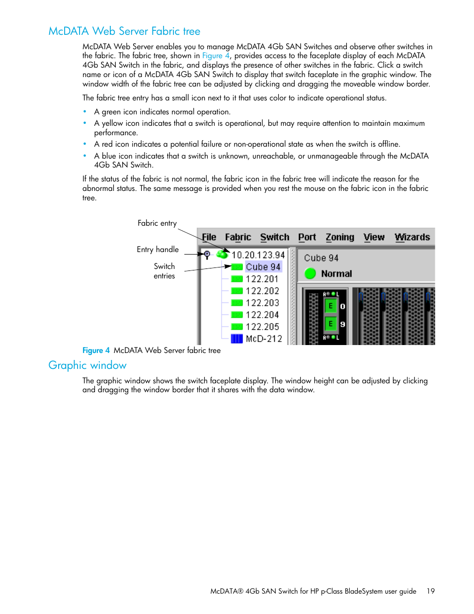 Mcdata web server fabric tree, Figure 4 mcdata web server fabric tree, Graphic window | Mcdata web server fabric tree graphic window, 4 mcdata web server fabric tree | HP McDATA 4Gb SAN Switch for HP BladeSystem p-Class User Manual | Page 19 / 104