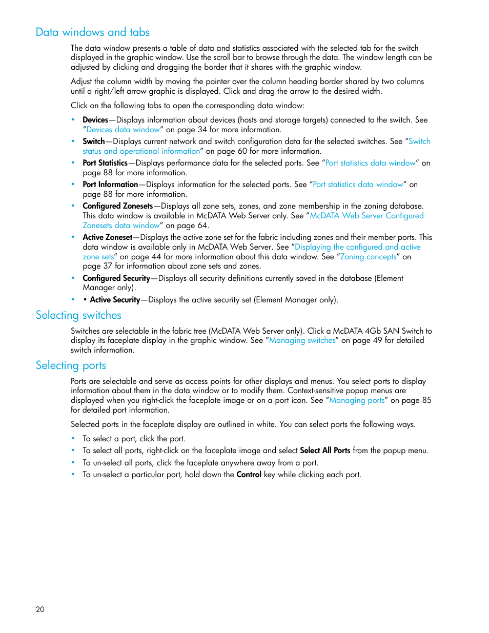 Data windows and tabs, Selecting switches, Selecting ports | HP McDATA 4Gb SAN Switch for HP BladeSystem p-Class User Manual | Page 20 / 104