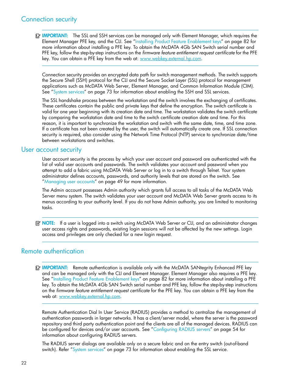 Connection security, User account security, Remote authentication | HP McDATA 4Gb SAN Switch for HP BladeSystem p-Class User Manual | Page 22 / 104