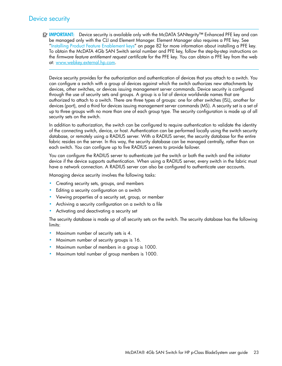Device security | HP McDATA 4Gb SAN Switch for HP BladeSystem p-Class User Manual | Page 23 / 104